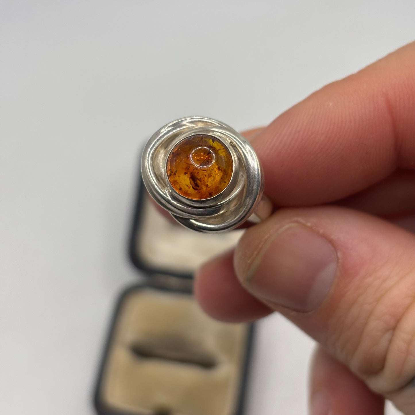 Silver Amber Abstract Ring