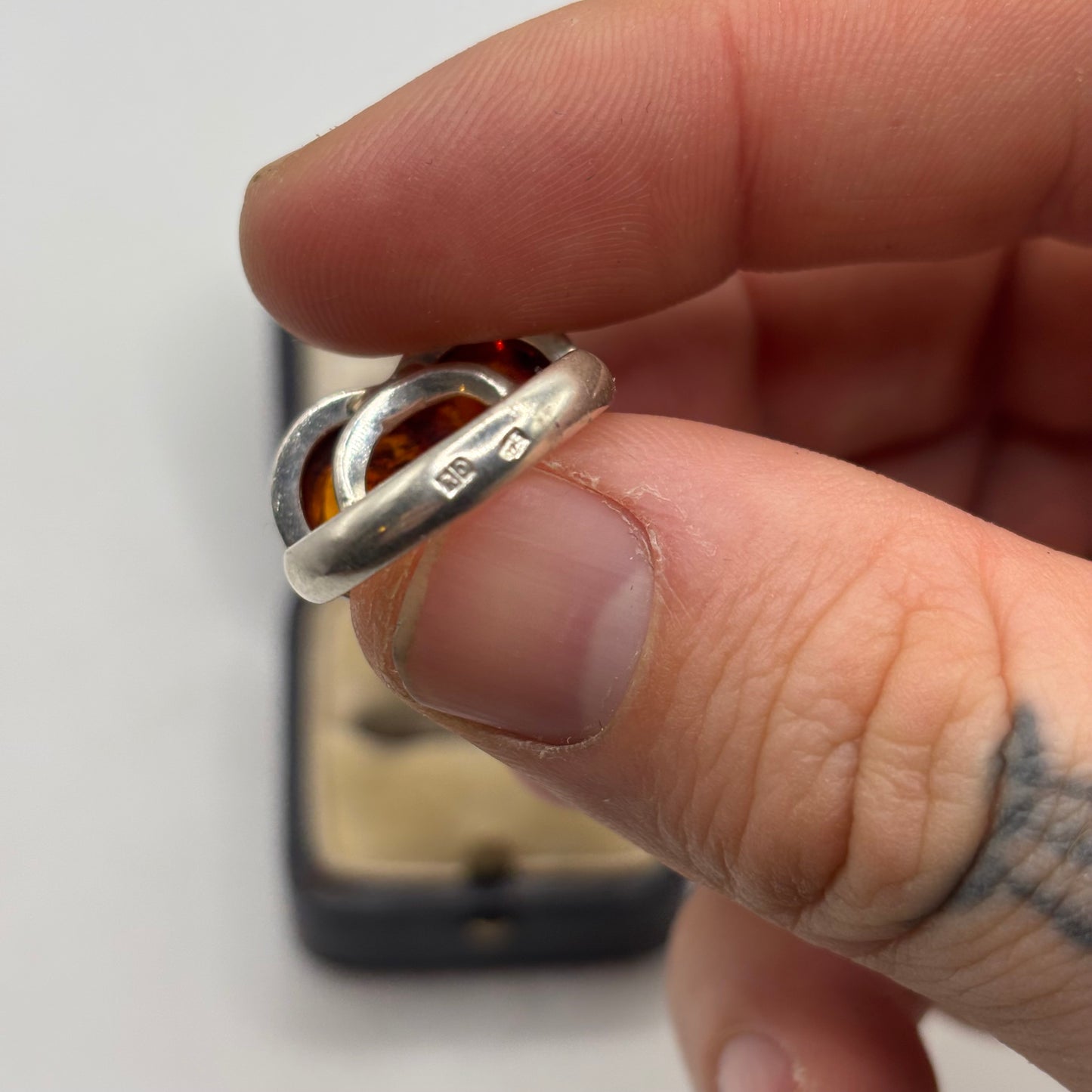 Silver Amber Heart Ring