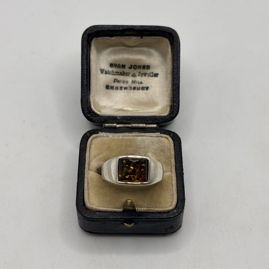 Silver Amber Inlayed Ring
