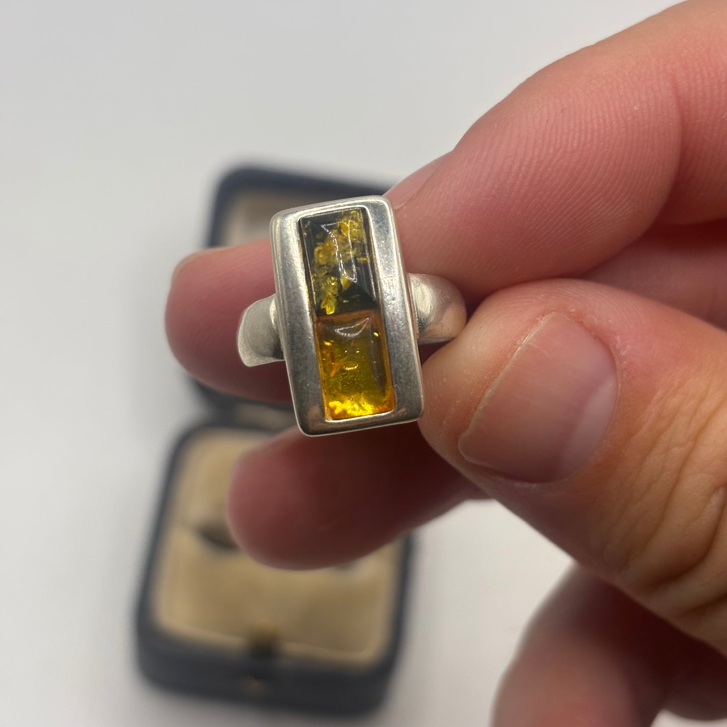 Silver Green Amber Ring (L)