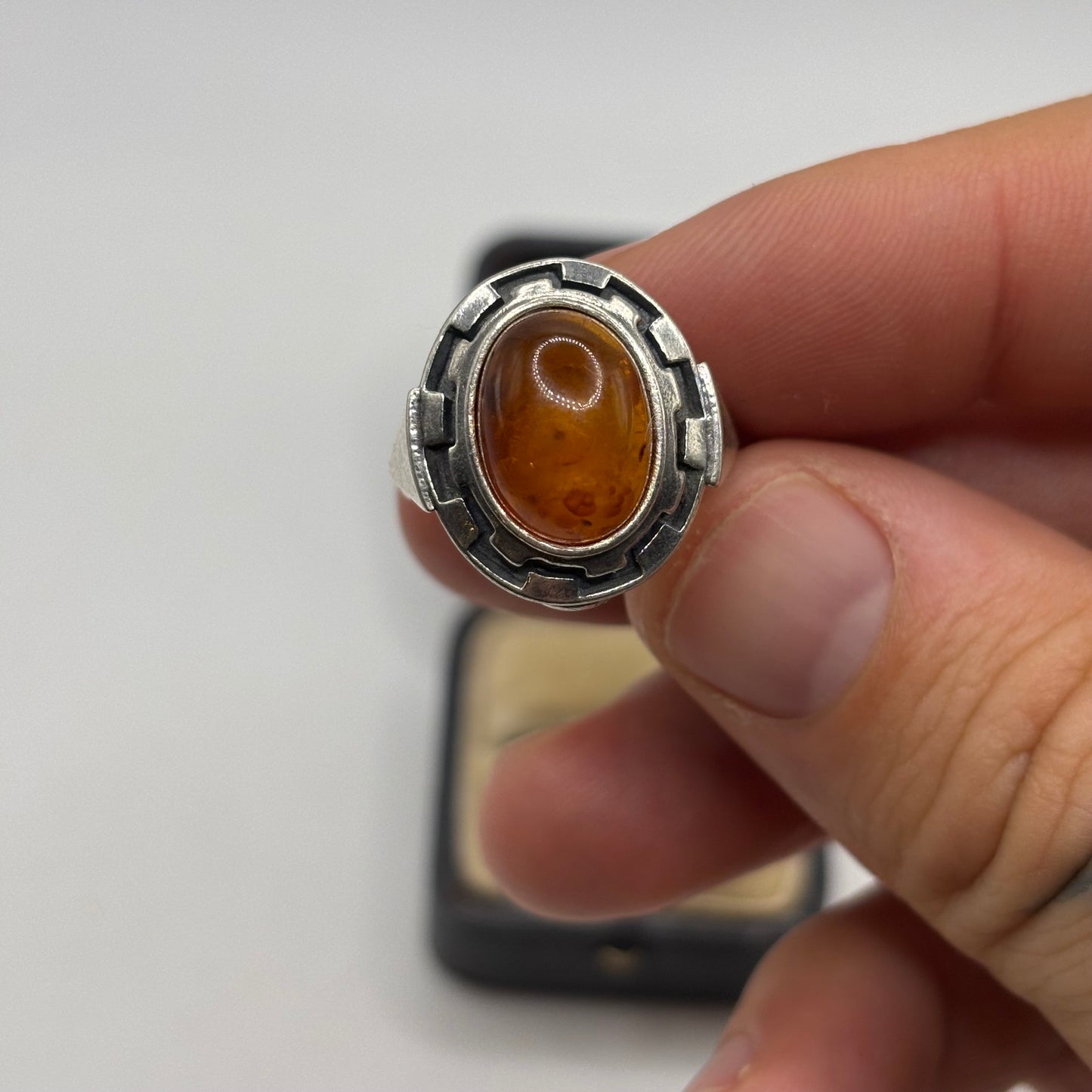 Silver Greek Amber Ring
