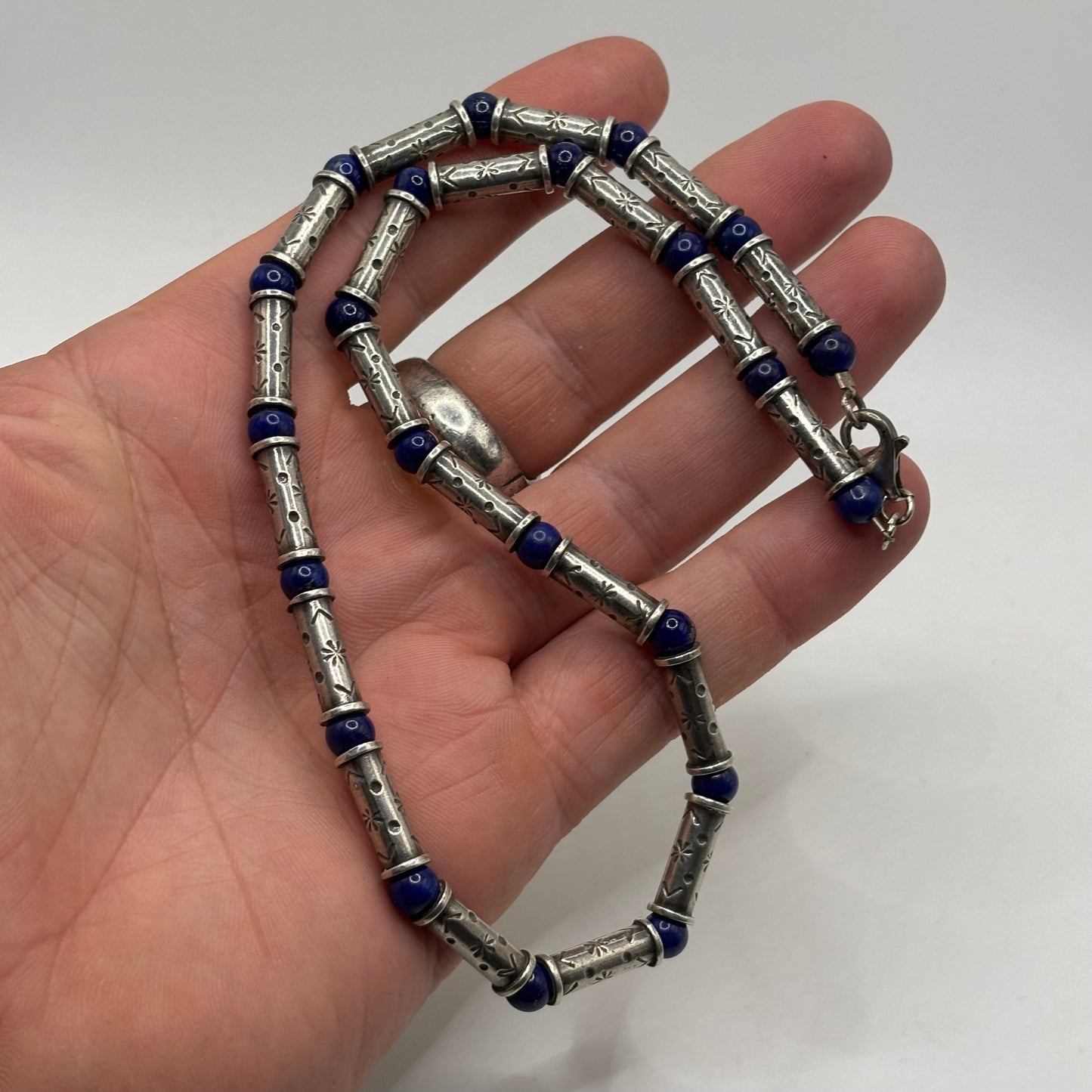 Silver 18” Lapis Stampwork Necklace