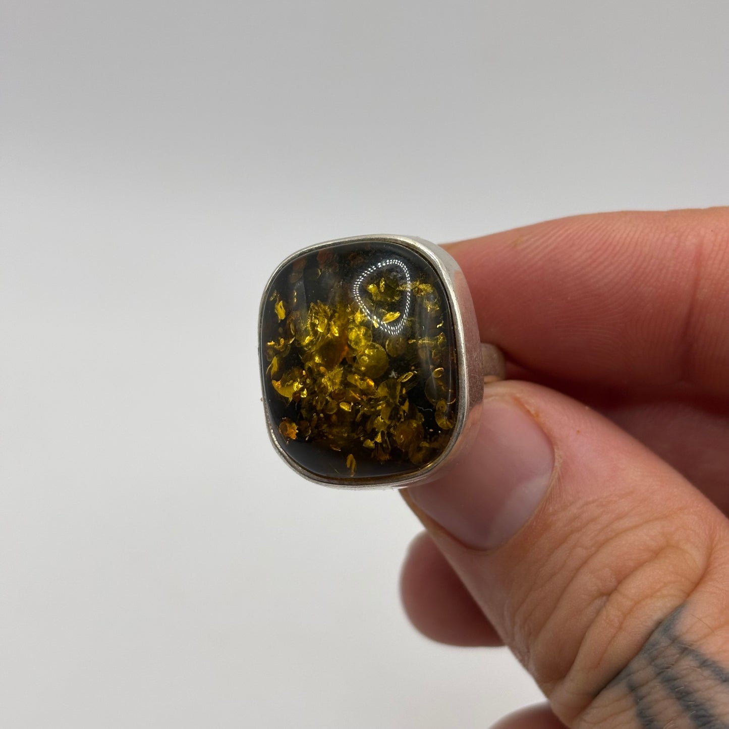 Silver Chunky Green Amber Ring