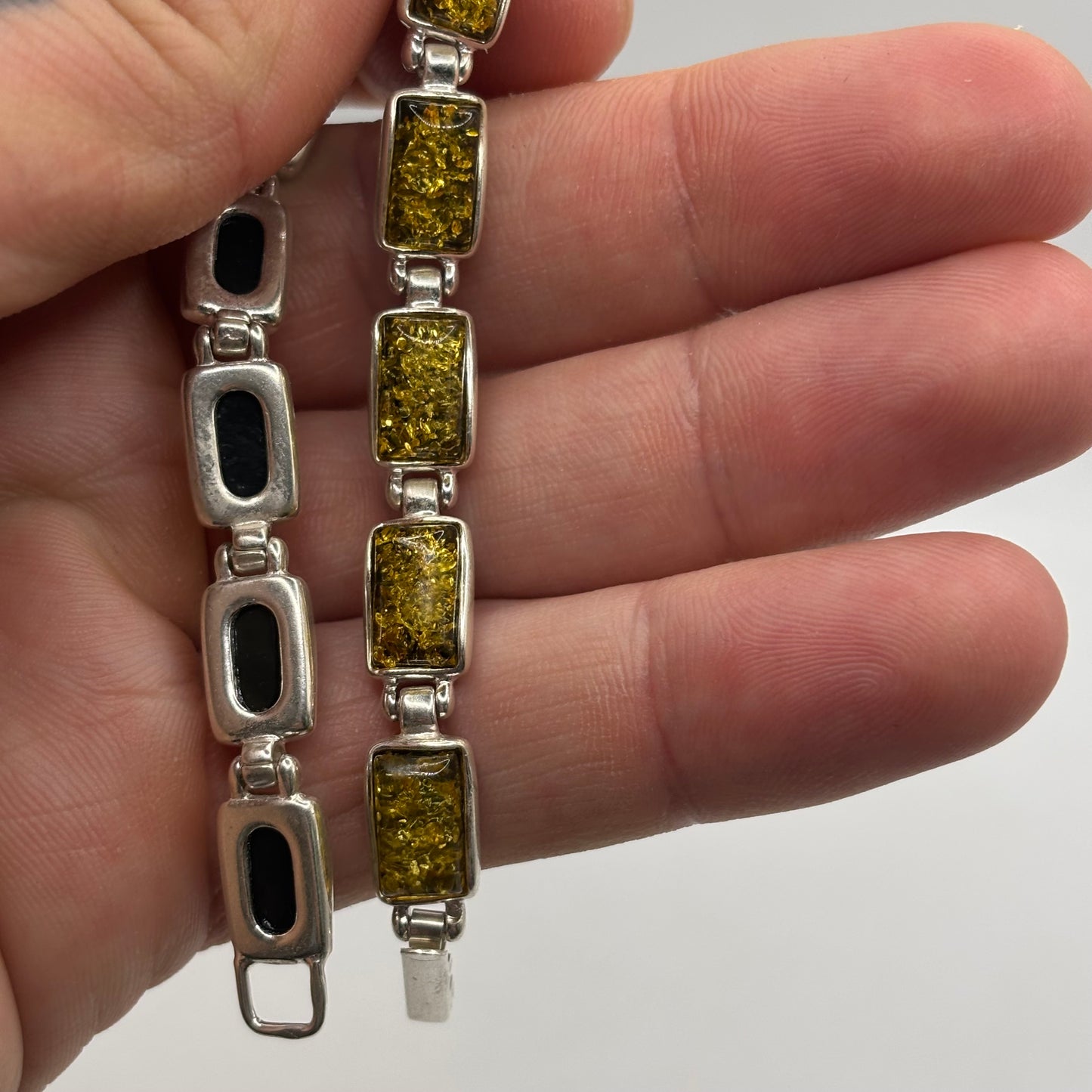 Silver Green Amber 7.5” Bracelet