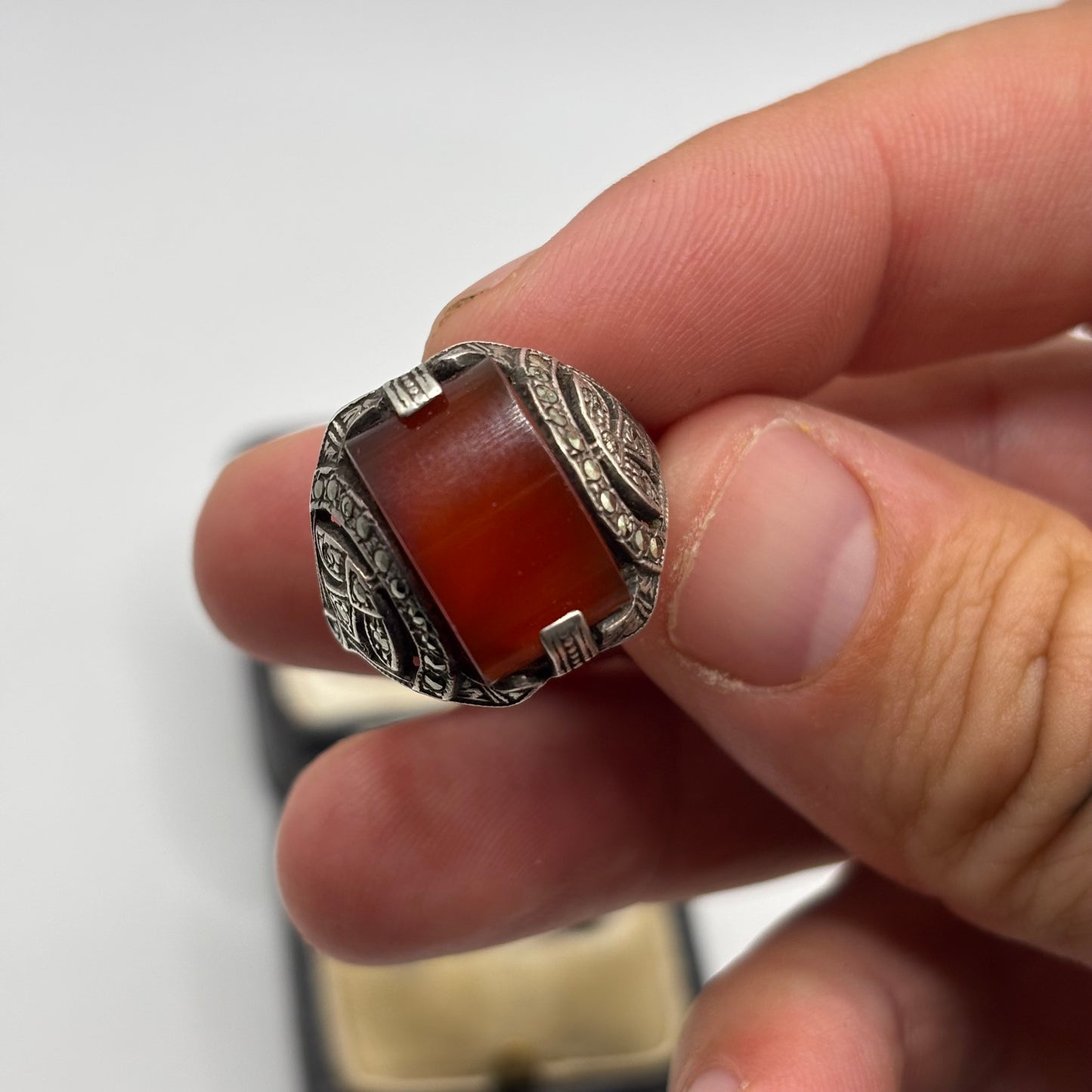 Silver Art Deco Carnelian & Marcasite Ring (R)