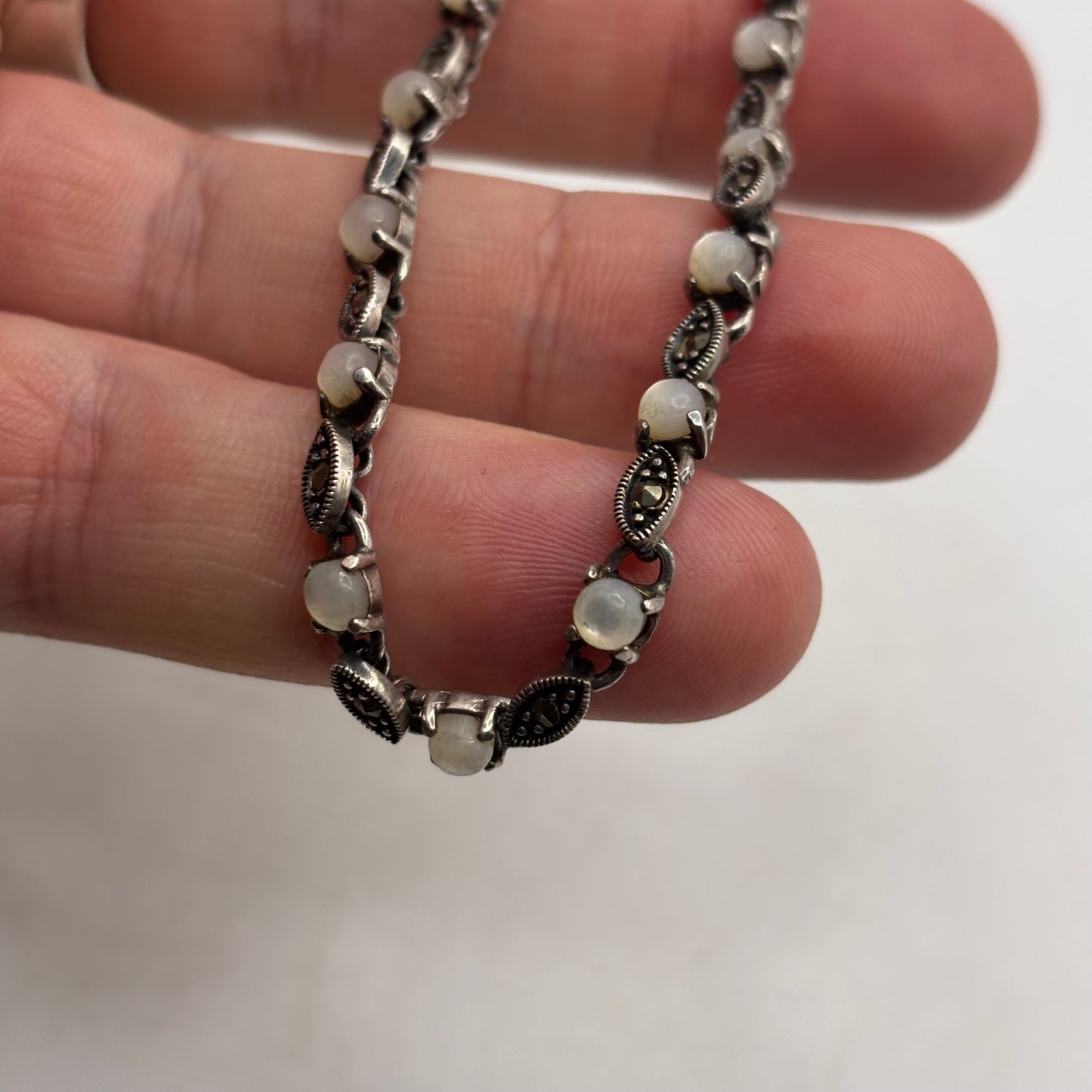 Silver 7” Pearl & Marcasite Bracelet