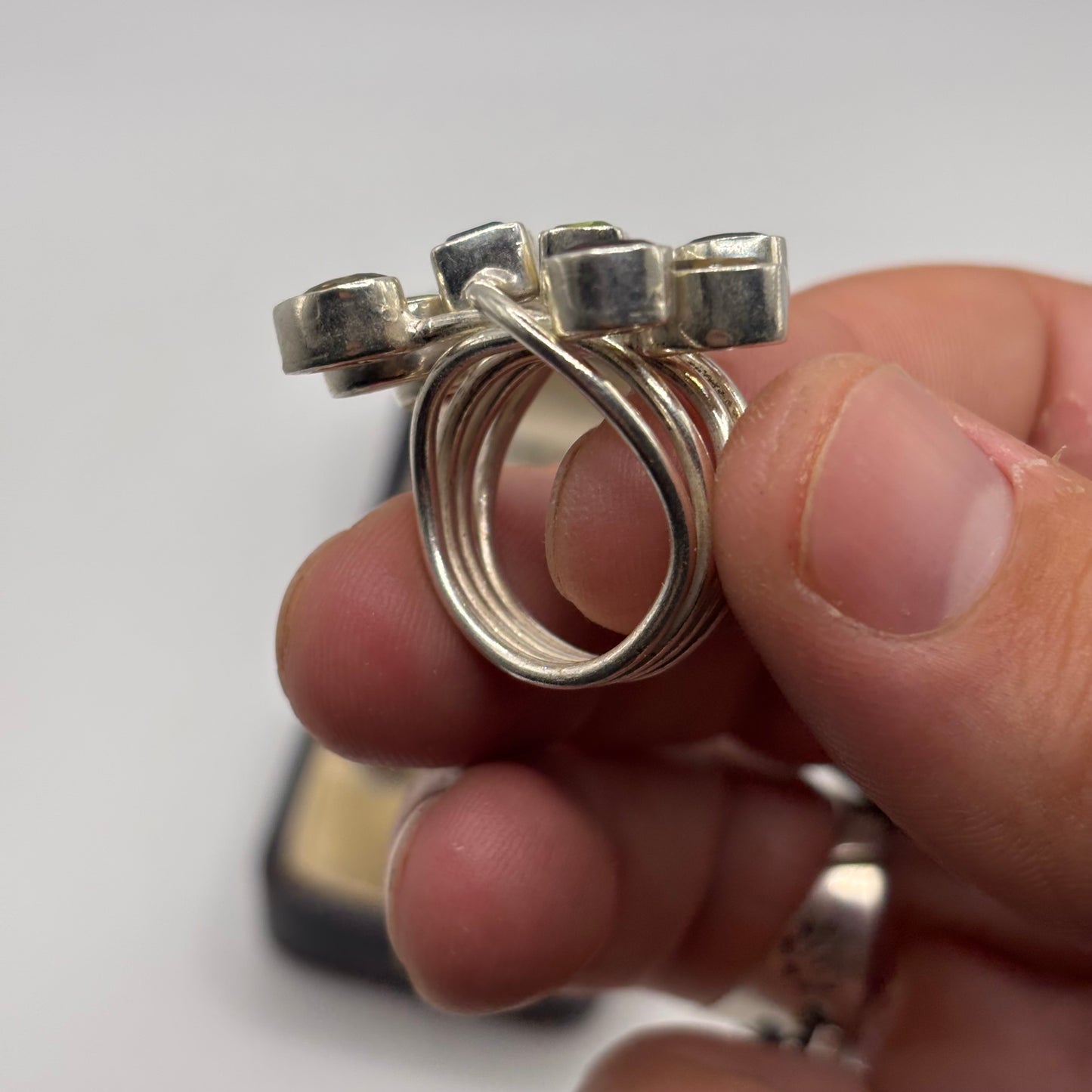 Silver Abstract Mixed Gem Ring (O)