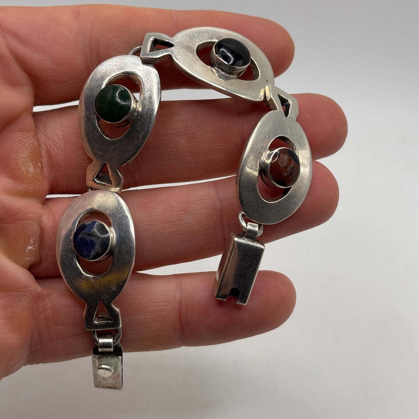 Silver 6” Heavy Mixed Stone Mexican Bracelet